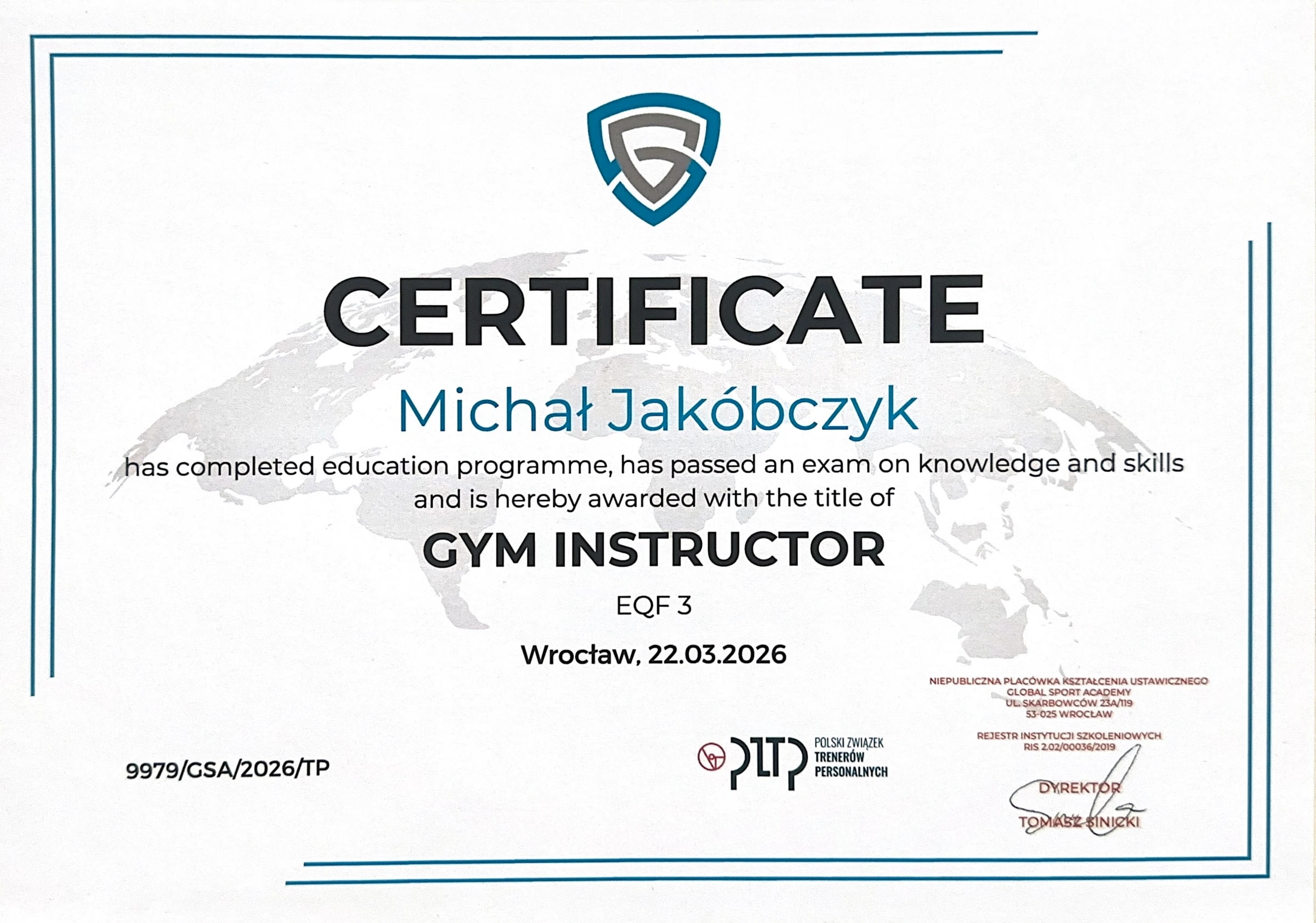 Certyfikat Gym Instructor EQF 3 Michała Jakóbczyka