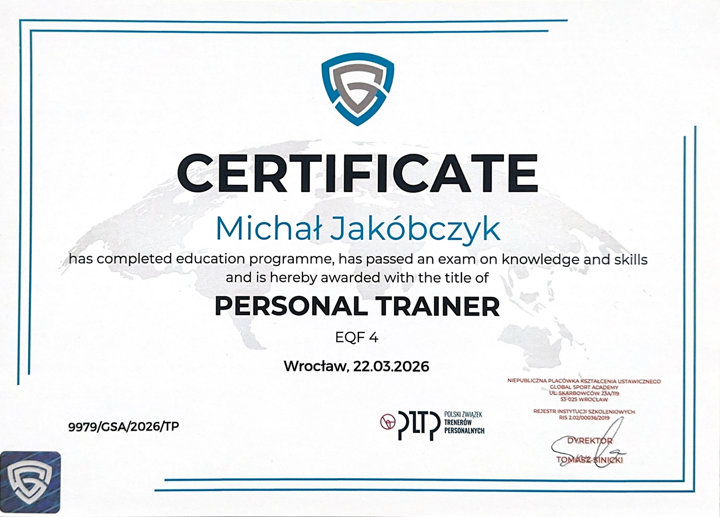 Certyfikat Personal Trainer EQF 4 Michała Jakóbczyka